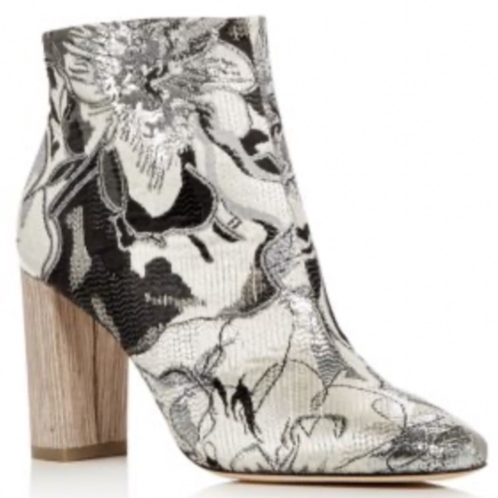 Pour La Victoire Bootie Rickie Brocade Silver Gray Block Wooden Heel Women 7